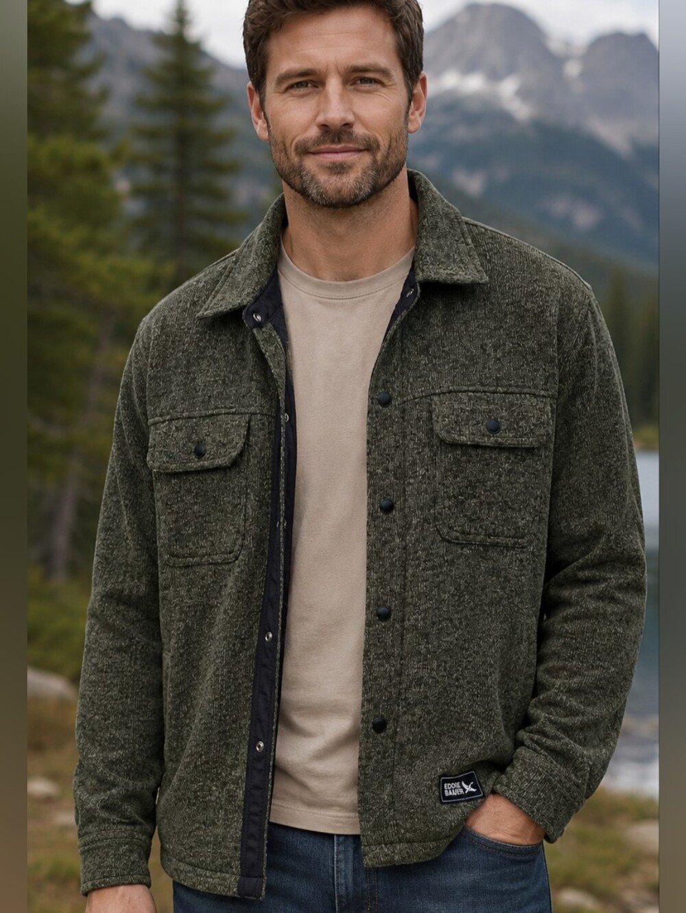 Eddie Bauer Men's Sweater Fleece Shirt Jacket Olive Green Outdoor Utility Hiking